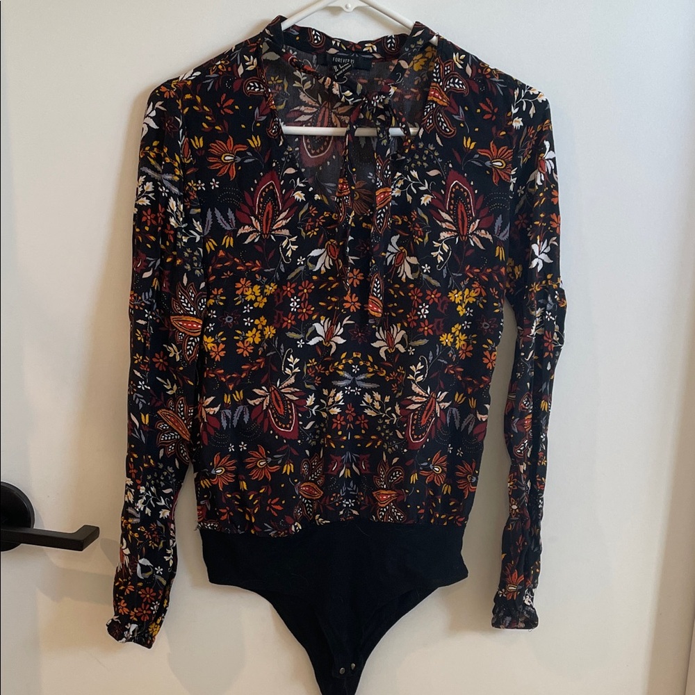 Forever 21 Floral Print Bodysuit - Black and Multicolor